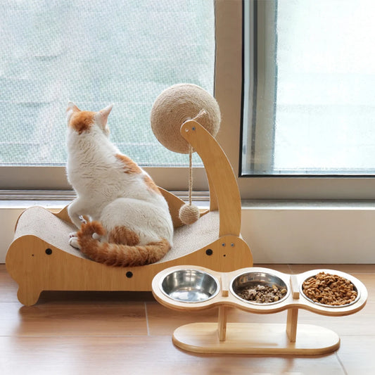 Tilt Raised Cat Bowl Dog Bowl Three Slot Wooden Tilt Pet Bowl