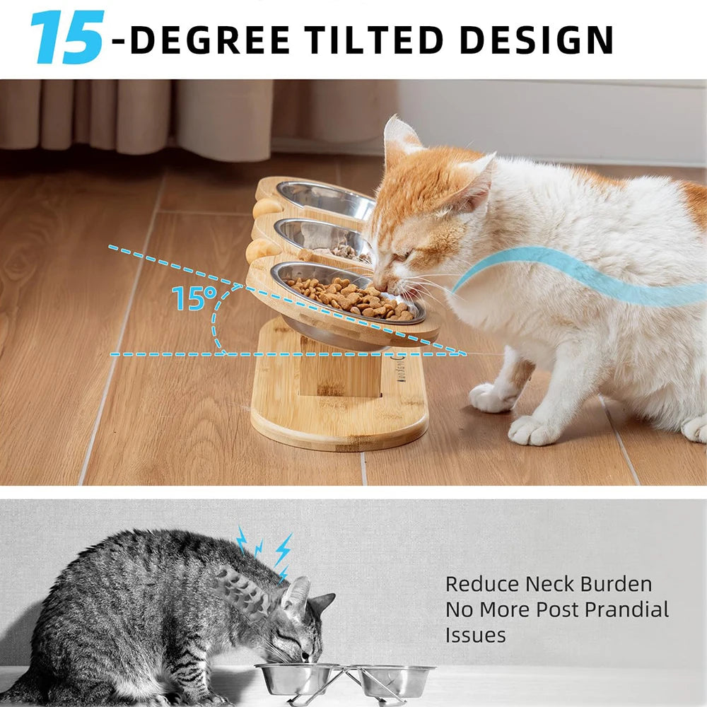 Tilt Raised Cat Bowl Dog Bowl Three Slot Wooden Tilt Pet Bowl