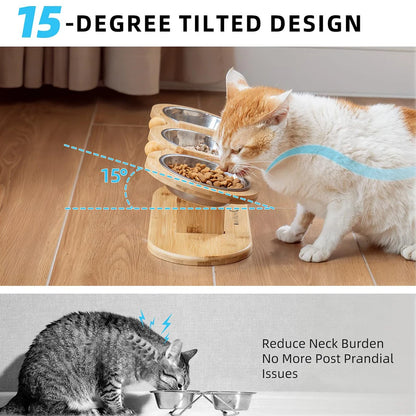 Tilt Raised Cat Bowl Dog Bowl Three Slot Wooden Tilt Pet Bowl